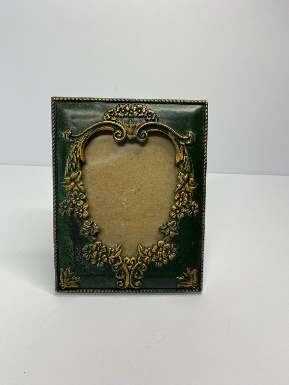 Vintage Dark Green & Gold Ornate Floral Heart Resin Picture Frame 3.5x5